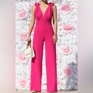 V-Neck Hot Pink Wide-Leg Jumpsuit with Ruffle Straps
